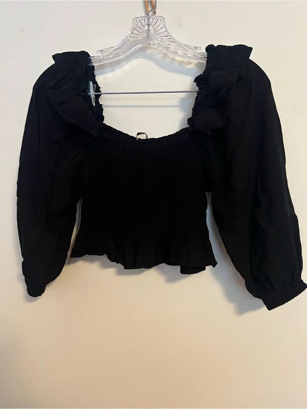 Zara Black Smocked Ruffle Crop Top with Puff Sleeves